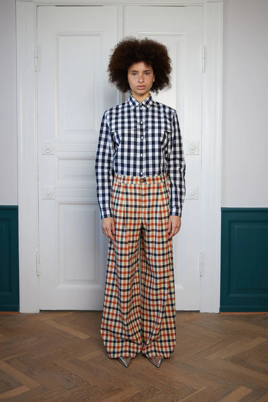 CHECKED WIDE PANTS - NAVY/RED/CREME