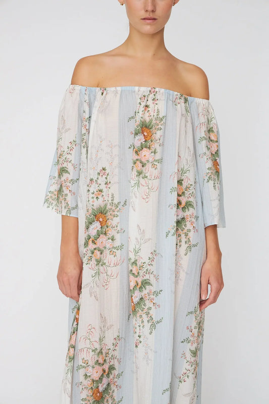 LØS MAXIKJOLE MED OFF-SHOULDERS CREME MULTICOLOUR FLOWERS