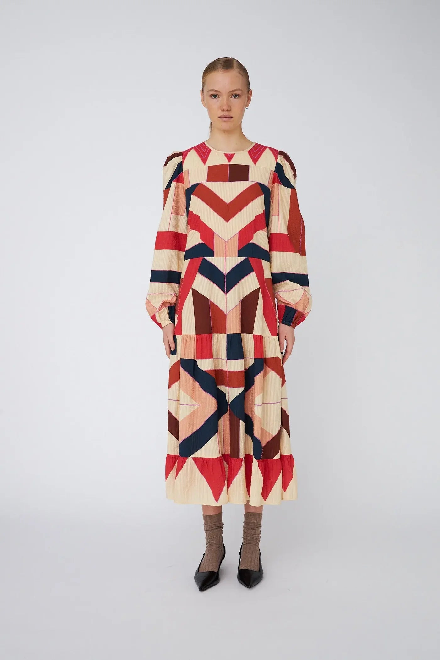 PATCHWORK COTTON MIDI DRESS - RED MIX