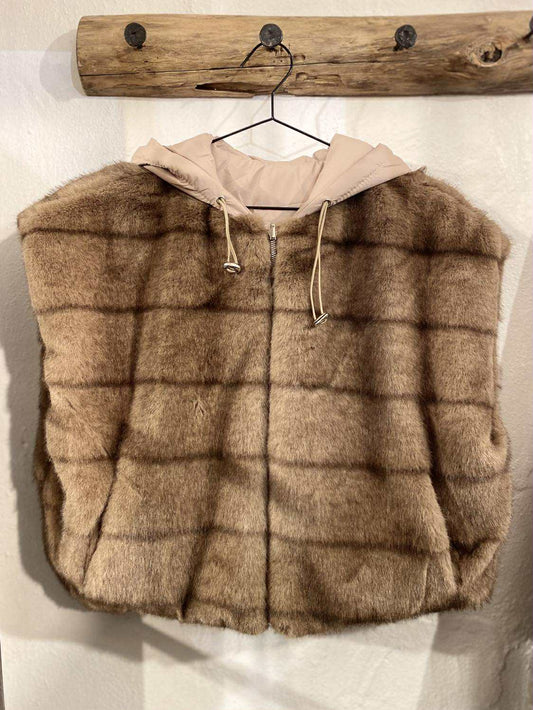 FAKE FUR HOODIE VEST - TAUPE