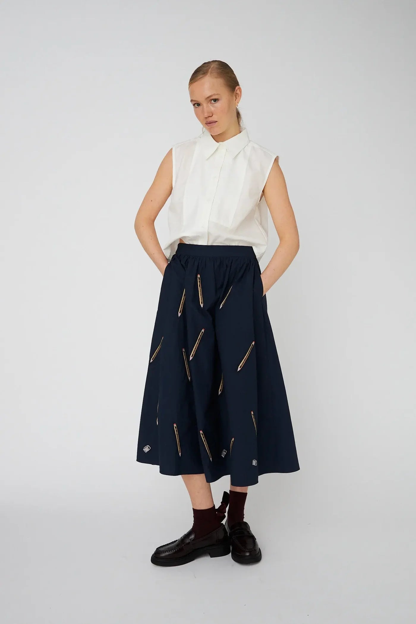 EMBROIDERED COTTON MIDI SKIRT - NAVY