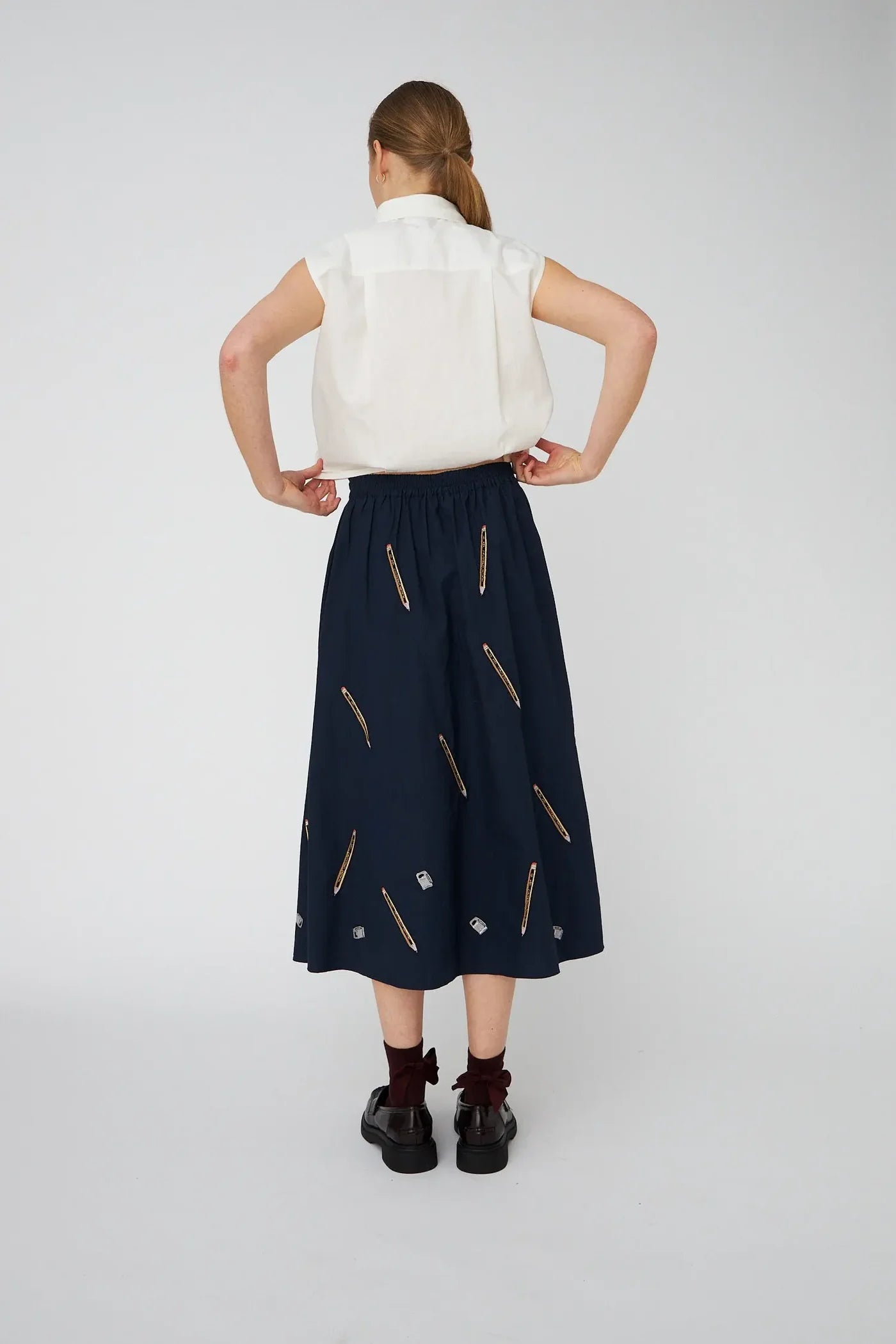 EMBROIDERED COTTON MIDI SKIRT - NAVY