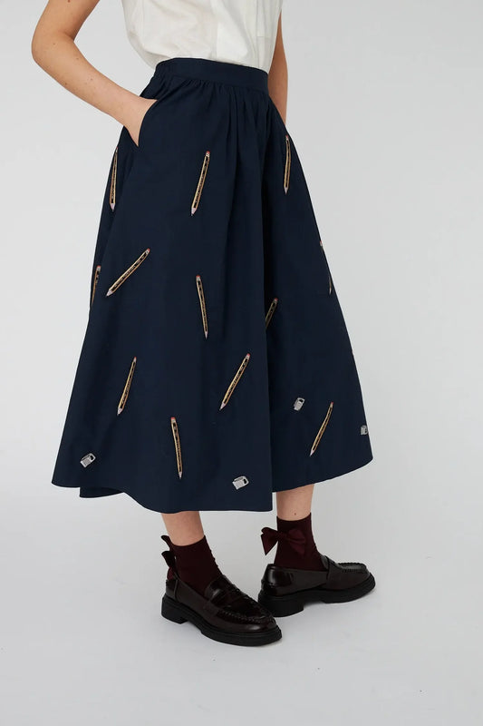 EMBROIDERED COTTON MIDI SKIRT - NAVY