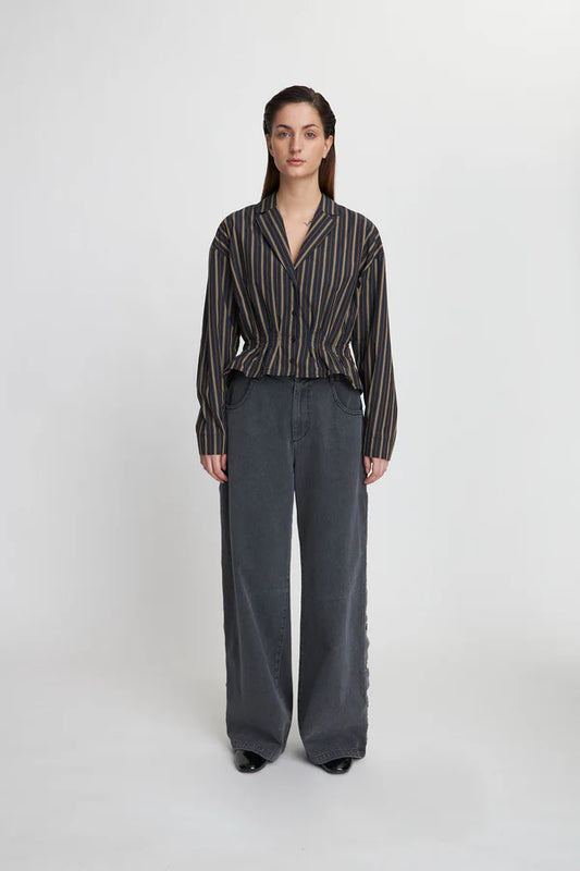 FEMININE PLEATED SHIRT - DARK STRIPED