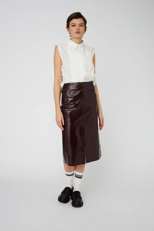LEATHER MIDI SKIRT - BROWNISH  RED