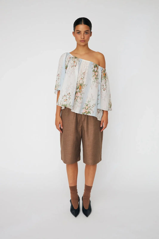 LØS TOP/BLUSE OFF-SHOULDERS CREME MULTICOLOUR FLOWERS