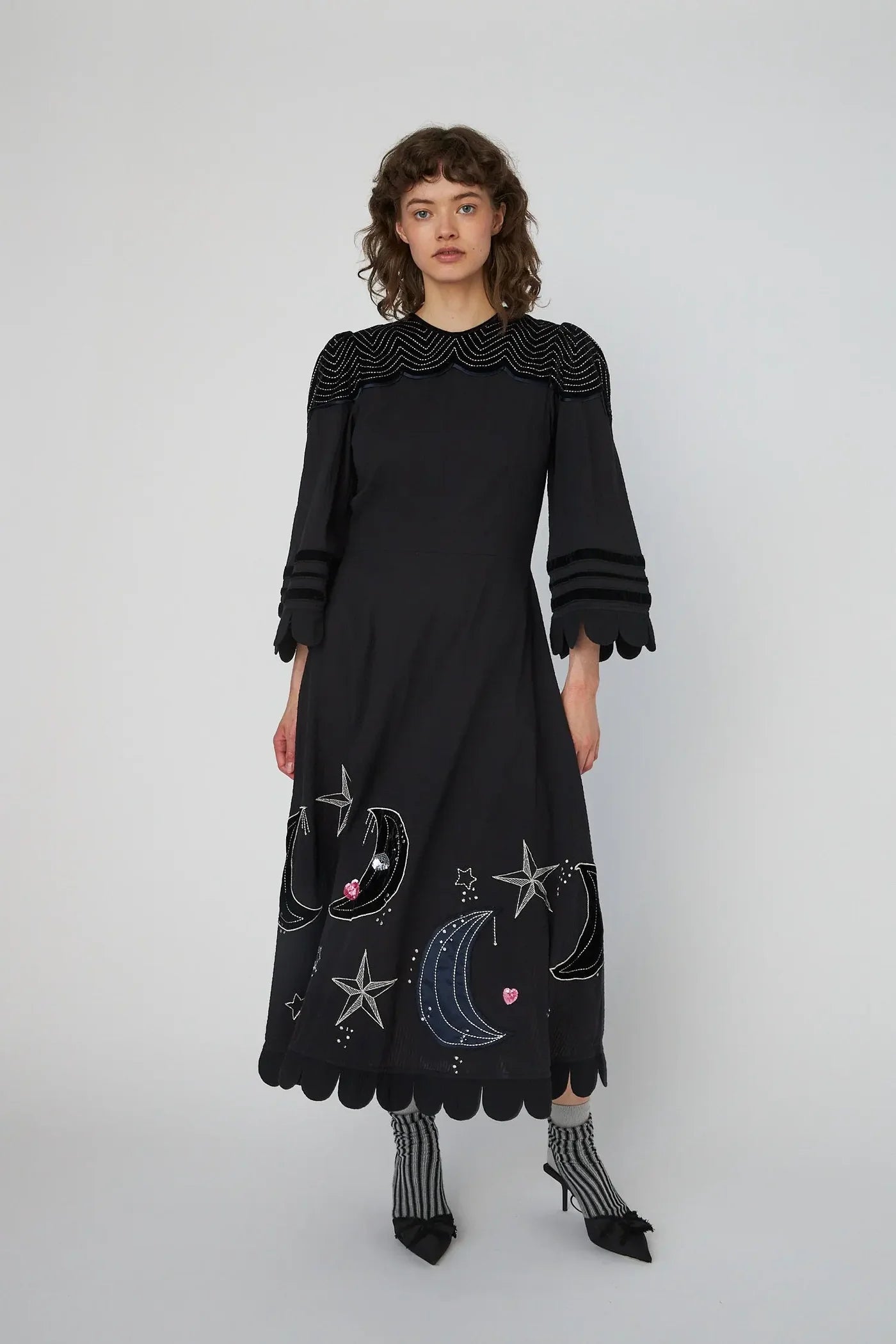 MOON AND STAR EMBROIDERED MIDI DRESS - BLACK