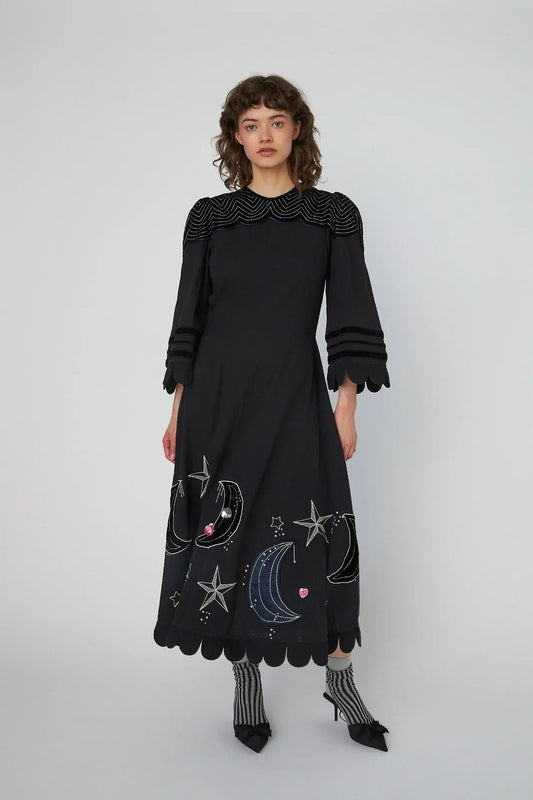MOON AND STAR EMBROIDERED MIDI DRESS - BLACK