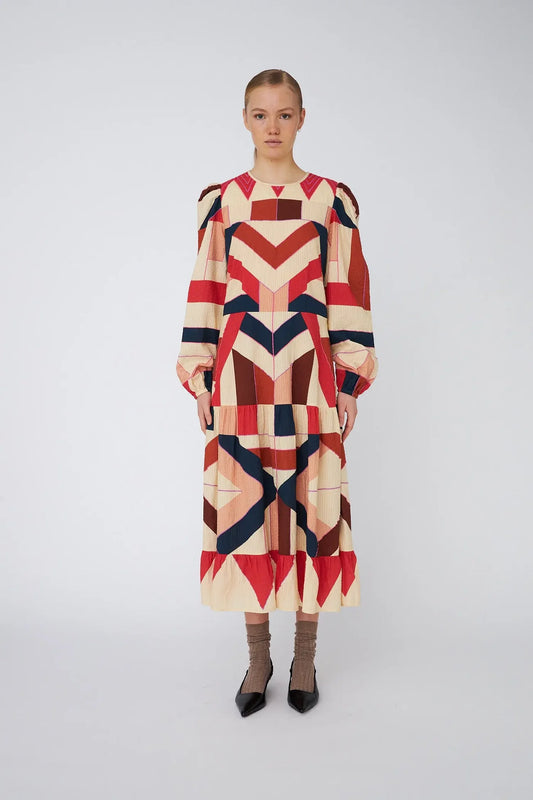 PATCHWORK COTTON MIDI DRESS - RED MIX