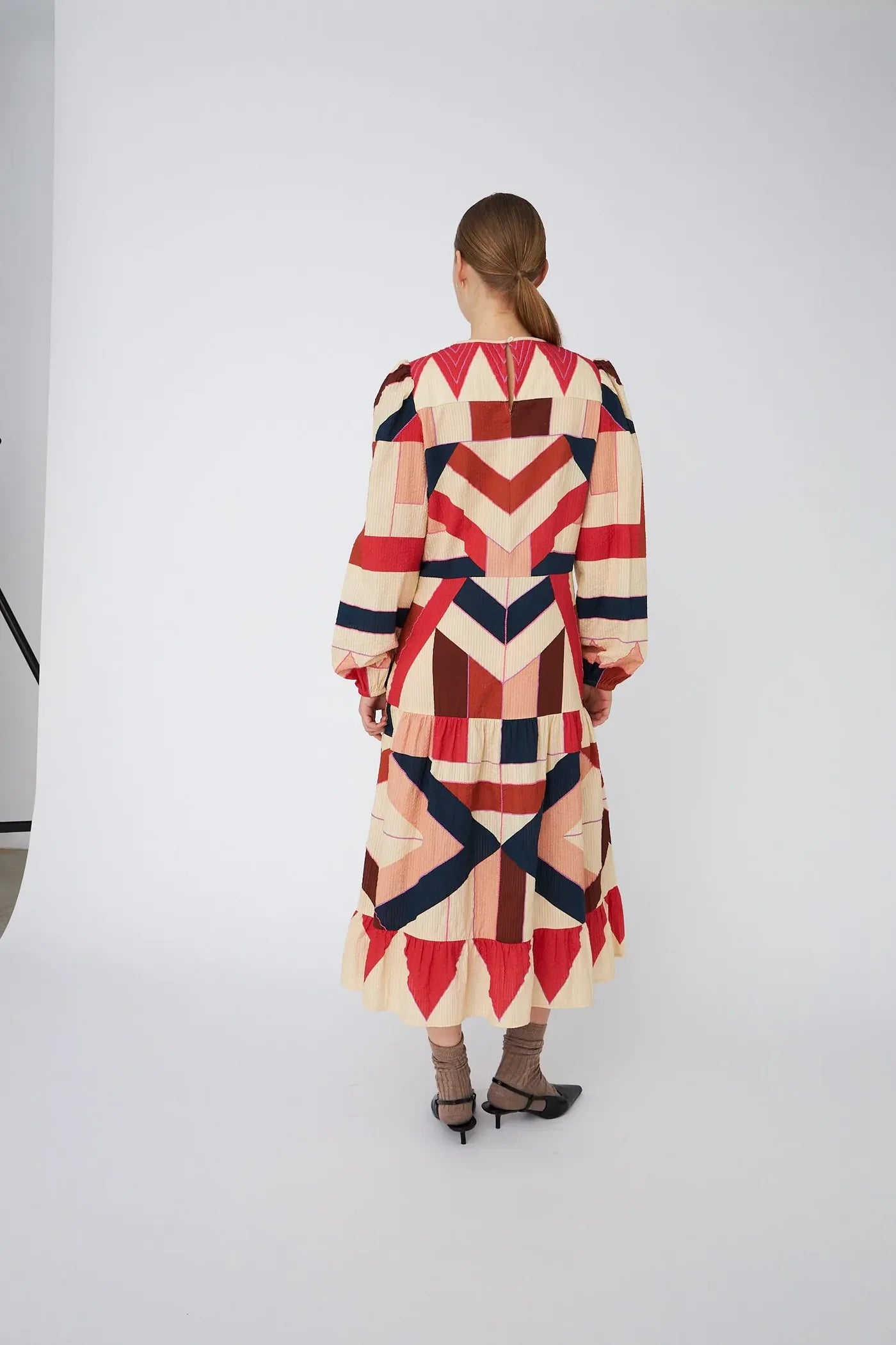 PATCHWORK COTTON MIDI DRESS - RED MIX