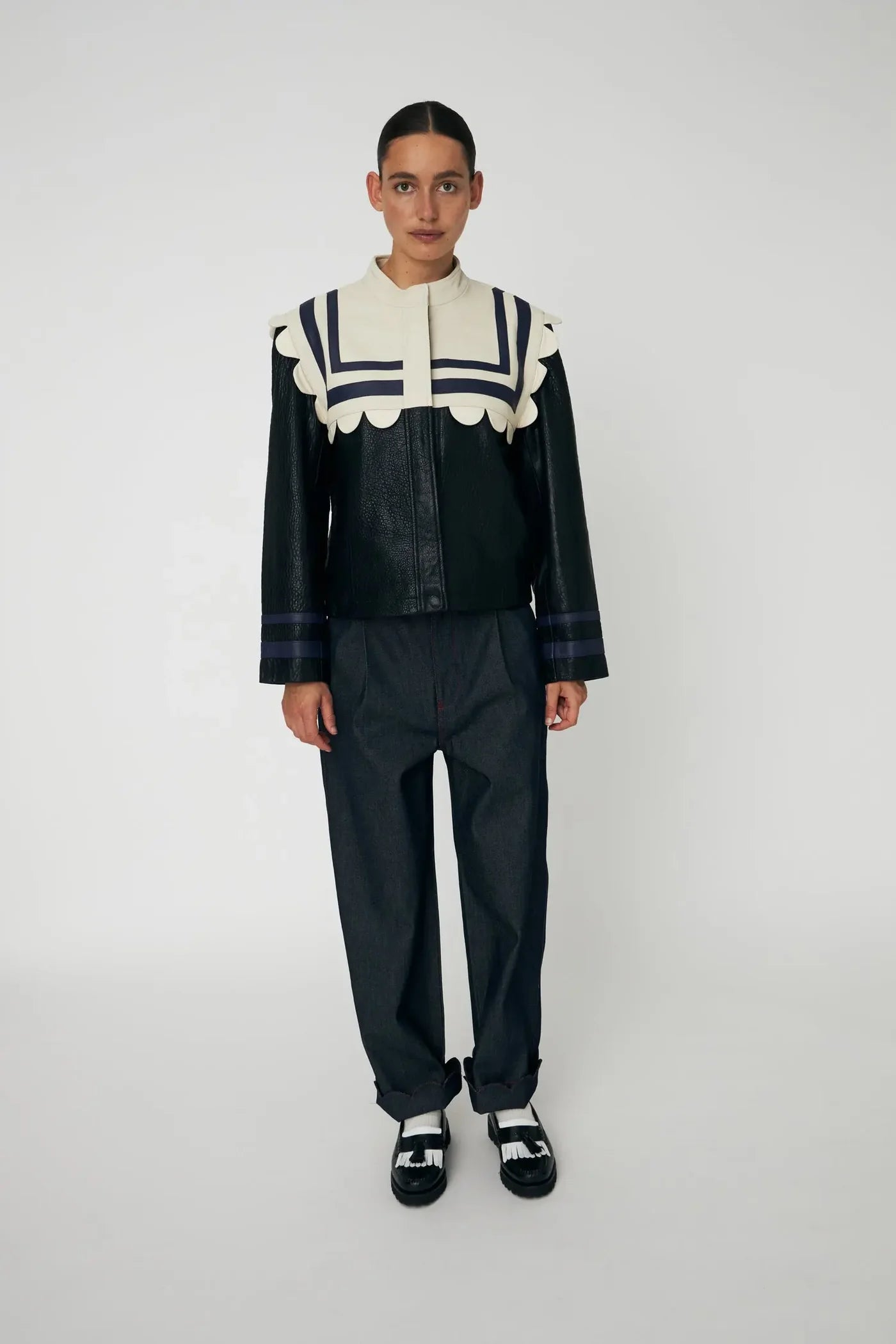 SØMANDS LÆDERJAKKE - CREME/BLACK