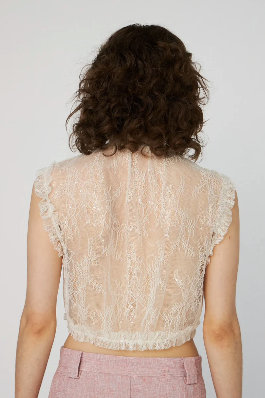 SHEER CROPPED LACE TOP - CREME