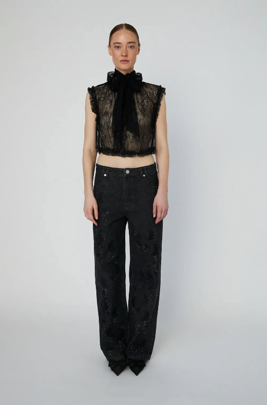 SHEER CROPPED LACE TOP - BLACK