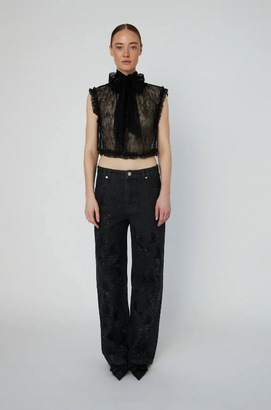 SHEER CROPPED LACE TOP - BLACK