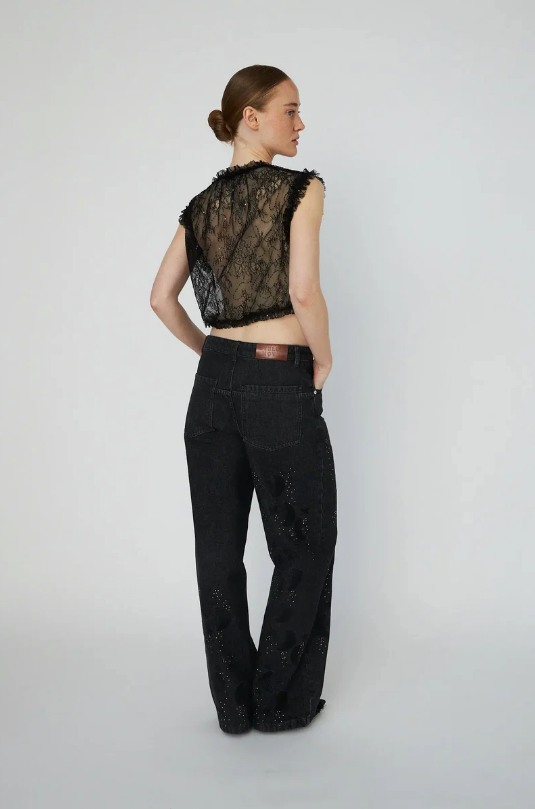 SHEER CROPPED LACE TOP - BLACK