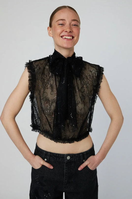 SHEER CROPPED LACE TOP - BLACK