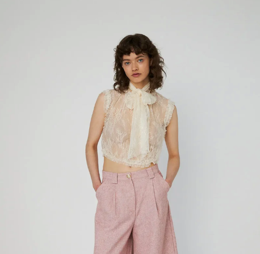 SHEER CROPPED LACE TOP - CREME