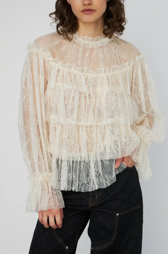 SHEER FRILL LACE BLOUSE - CREME