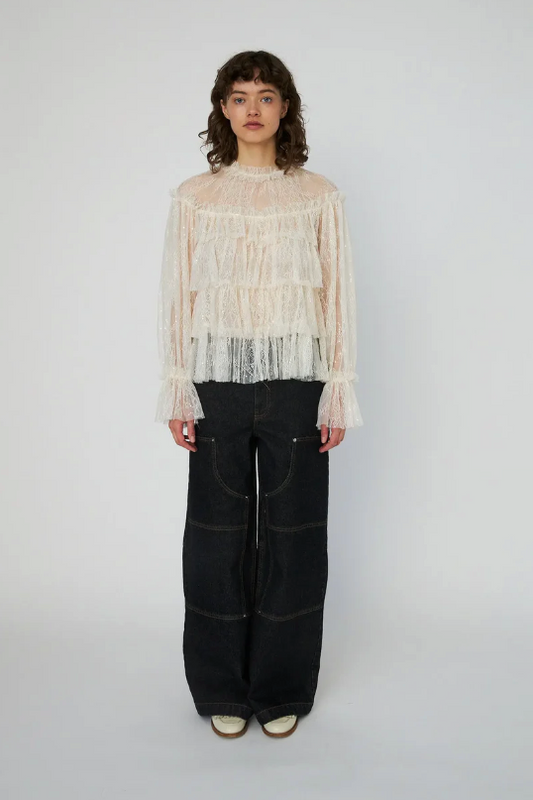 SHEER FRILL LACE BLOUSE - CREME