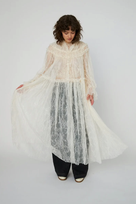 SHEER LACE MAXI CAPE DRESS - CREME
