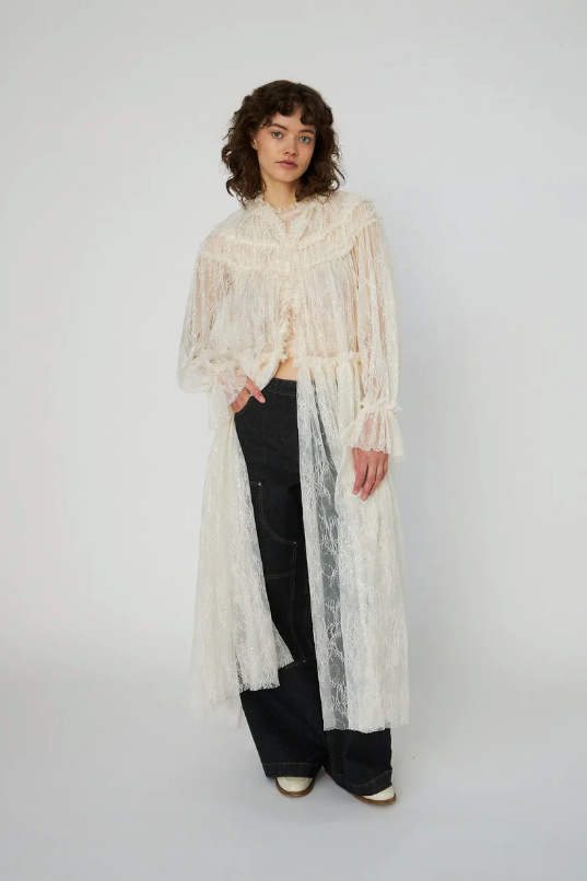 SHEER LACE MAXI CAPE DRESS - CREME