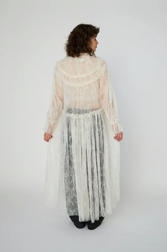 SHEER LACE MAXI CAPE DRESS - CREME