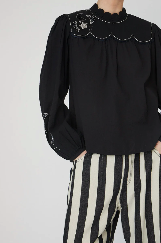 MOON AND STAR EMBROIDERED BLOUSE - BLACK