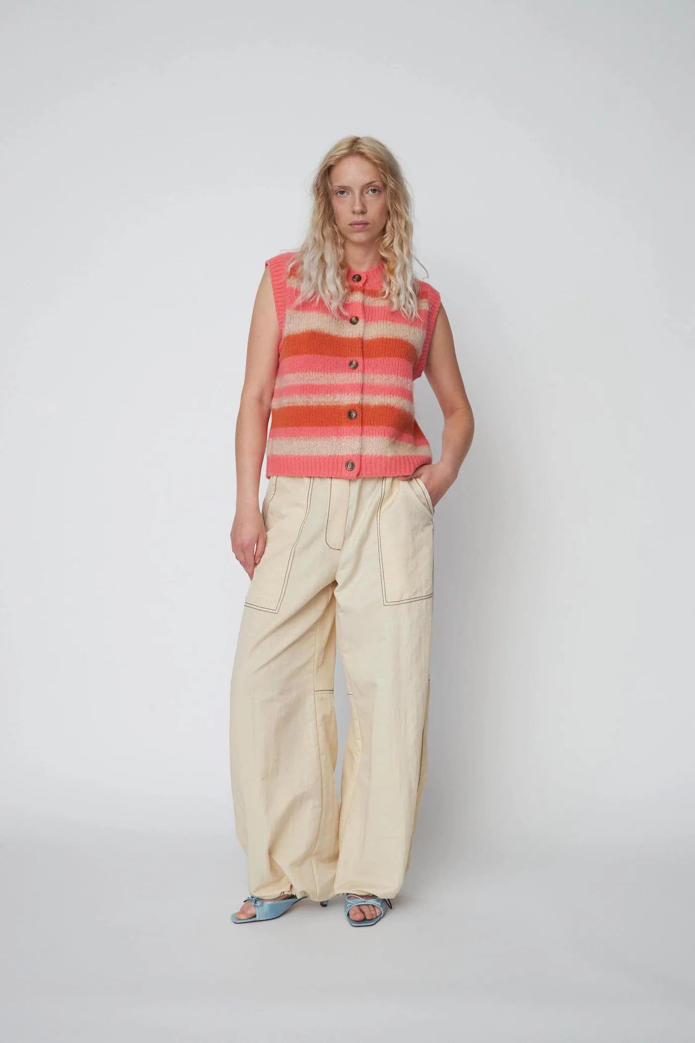 STRIPED MOHAIR CARDIGAN VEST - SUNSHINE ORANGE